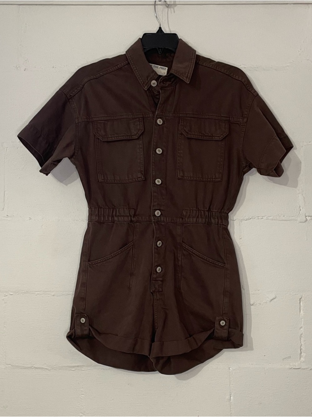 Free People Brown Short Sleeve Button-Up Utility Romper